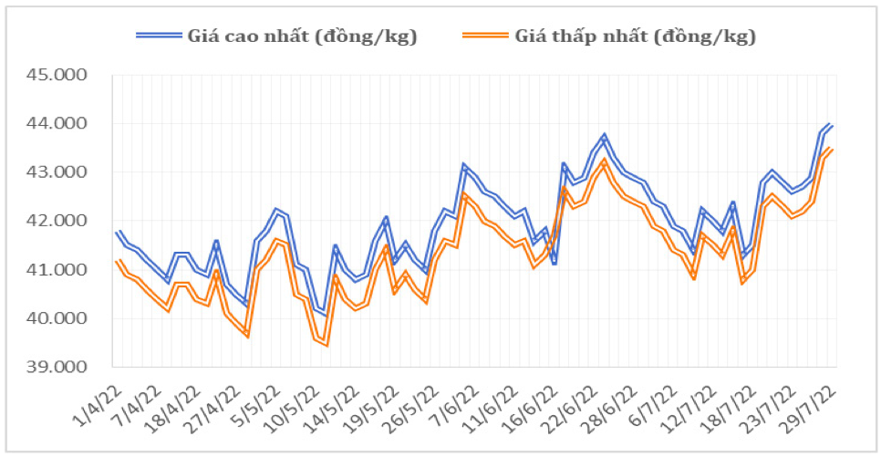 Diễn biến giá cà phê Robusta tại thị trường nội địa từ đầu tháng 4/2022 đến nay. Cục: XNK