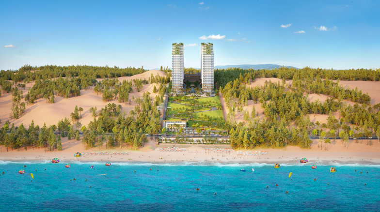 Apec Mandala Wyndham Mũi Né nhìn từ xa như “lâu đài trên cát” hướng ra vịnh biển thiên đường.