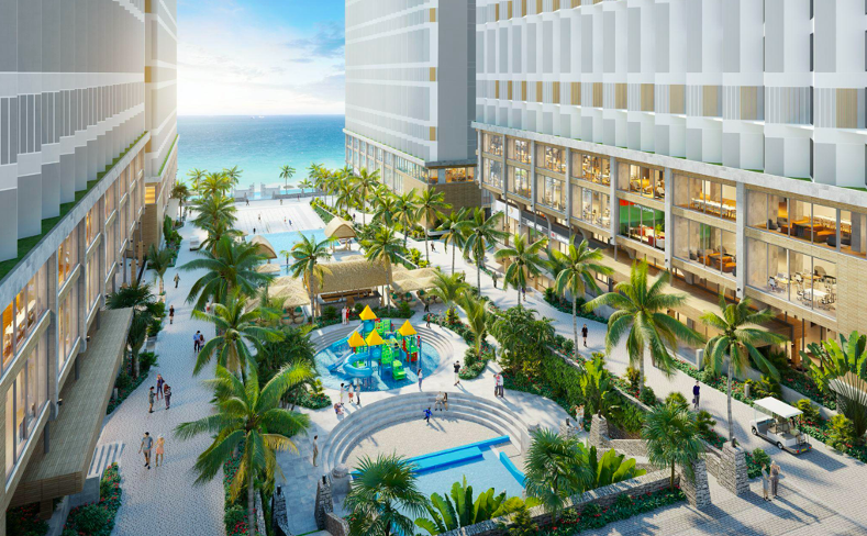 Quảng trường nội khu được thiết kế thoải theo địa hình đồi dốc