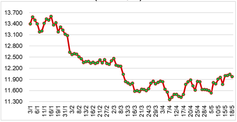 Diễn biến giá cao su RSS3 tại sàn SHFE từ đầu năm 2023 đến nay (ĐVT: NDT/tấn). Nguồn: Cục XNK 