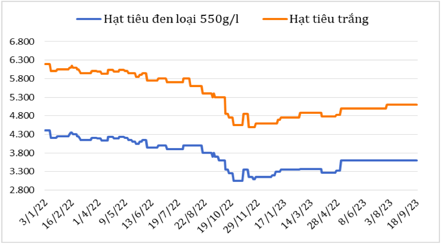 Diễn biến giá hạt tiêu đen và hạt tiêu trắng xuất khẩu của Việt Nam năm 2022 - 2023 (ĐVT: USD/tấn). Nguồn: Internet 