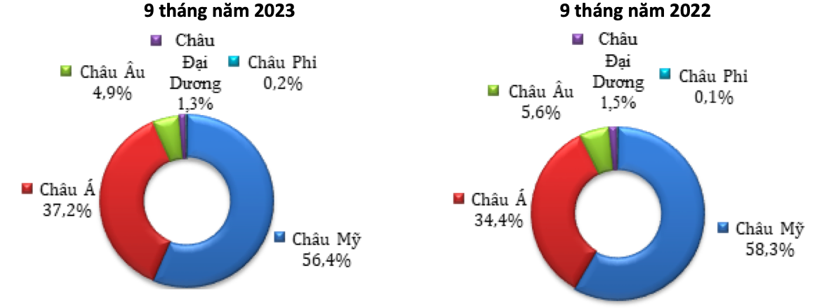 Cơ cấu xuất khẩu gỗ và sản phẩm gỗ sang các châu lục (Tỷ trọng % tính theo trị giá). Nguồn: Internet 