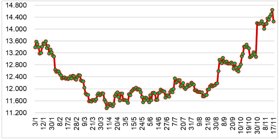 Diễn biến giá cao su RSS3 tại sàn SHFE từ đầu năm 2023 đến nay (ĐVT: NDT/tấn). Nguồn: Cục XNK 