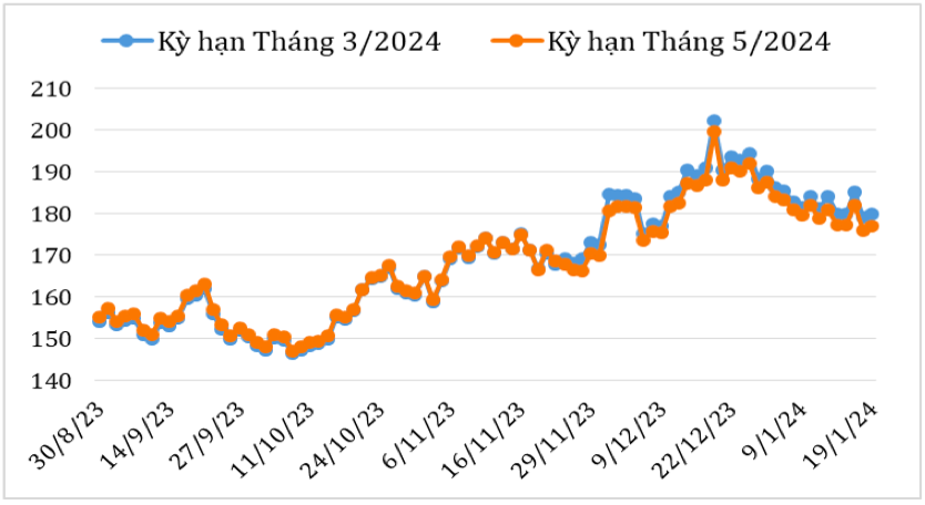 Diễn biến giá cà phê Arabica trên sàn giao dịch New York từ cuối tháng 8/2023 đến nay (ĐVT: Uscent/lb). Nguồn: Cục XNK 