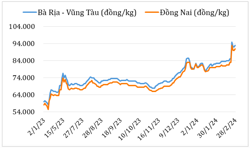Diễn biến giá hạt tiêu đen tại thị trường nội địa năm 2023 – 2024. Nguồn: Cục XNK 