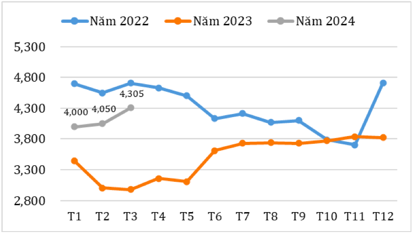 Diễn biến giá xuất khẩu bình quân hạt tiêu qua các tháng giai đoạn 2022 – 2024 (ĐVT: Nghìn USD/tấn). Nguồn: Cục Xuất nhập khẩu 