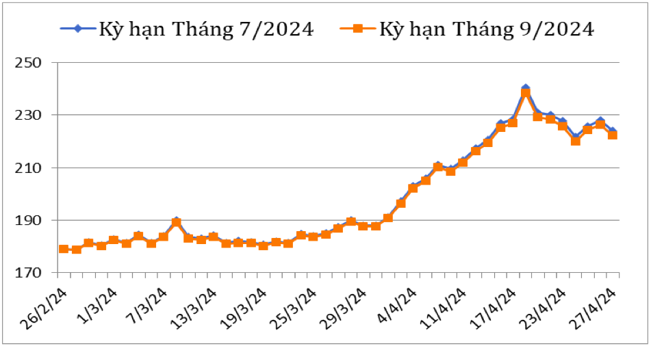 Diễn biến giá cà phê Arabica trên sàn giao dịch New York từ tháng 2/2024 đến nay (ĐVT: Uscent/lb). Nguồn: Cục XNK 