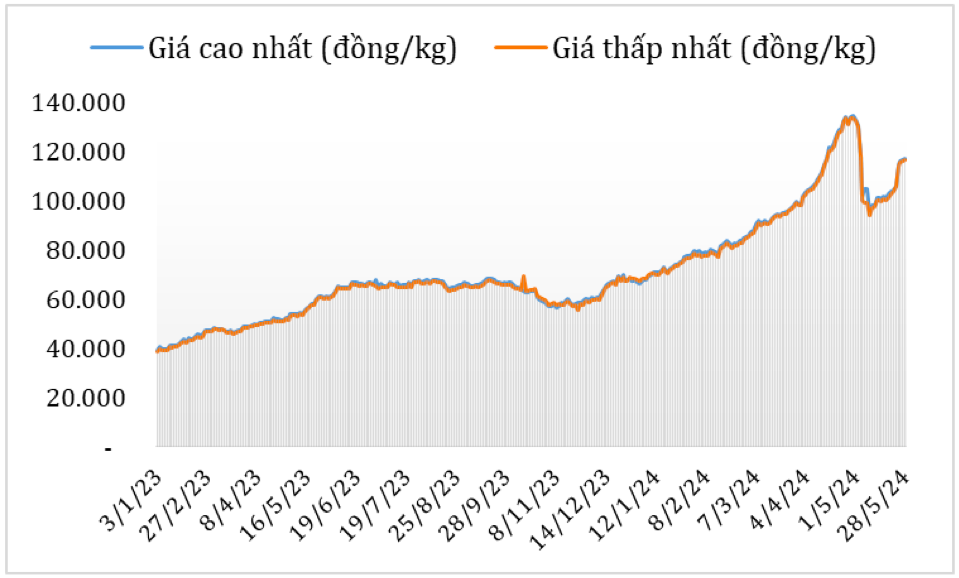Diễn biến giá cà phê Robusta tại thị trường nội địa năm 2023 – 2024. Nguồn: Cục XNK 
