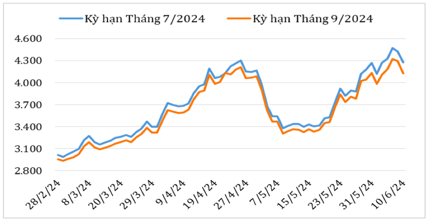 Diễn biến giá cà phê robusta giao kỳ hạn trên sàn giao dịch London từ cuối tháng 2/2024 đến nay (ĐVT: USD/tấn). Nguồn: Cục XNK 