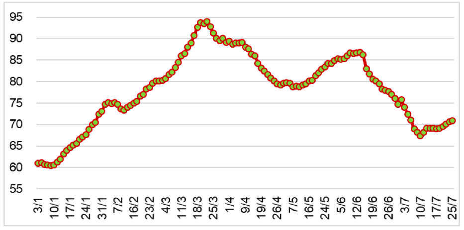 Diễn biến giá cao su RSS3 tại Thái Lan từ đầu năm 2024 đến nay (ĐVT: Baht/kg). Nguồn: Cục XNK 