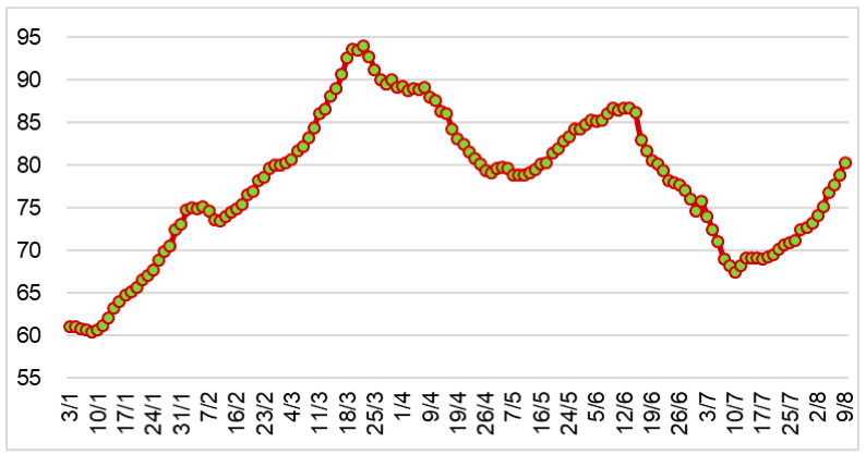 Diễn biến giá cao su RSS3 tại Thái Lan từ đầu năm 2024 đến nay (ĐVT: Baht/kg). Nguồn: Cục XNK 