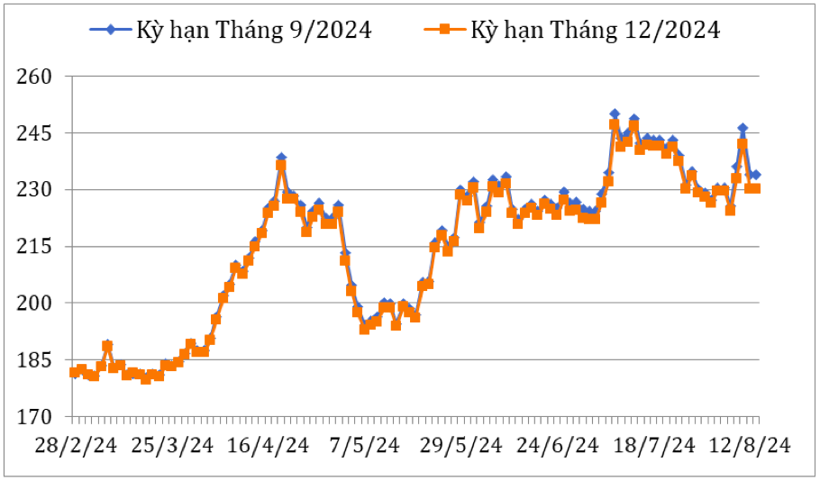 Diễn biến giá cà phê Arabica trên sàn giao dịch New York từ cuối tháng 2/2024 đến nay (ĐVT: Uscent/lb). Nguồn: Cục XNK 