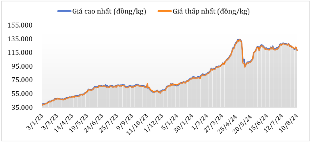 Diễn biến giá cà phê Robusta tại thị trường nội địa năm 2023 – 2024. Nguồn: Cục XNK 