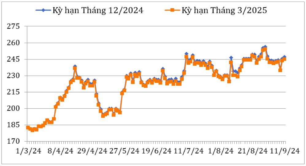 Diễn biến giá cà phê Arabica trên sàn giao dịch New York từ đầu tháng 3/2024 đến nay (ĐVT: Uscent/lb). Nguồn: Cục XNK 