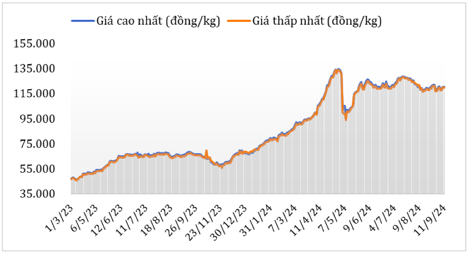 Diễn biến giá cà phê Robusta tại thị trường nội địa năm 2023 – 2024. Nguồn: Cục XNK 