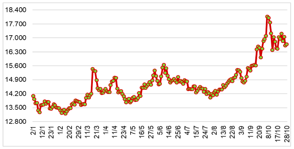 Diễn biến giá cao su giao tại sàn SHFE từ đầu năm 2024 đến nay (ĐVT: NDT/tấn). Nguồn: Cục XNK 