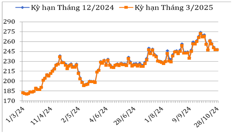 Diễn biến giá cà phê Arabica trên sàn giao dịch New York từ tháng 2/2024 đến nay (ĐVT: Uscent/lb). Nguồn: Cục XNK 
