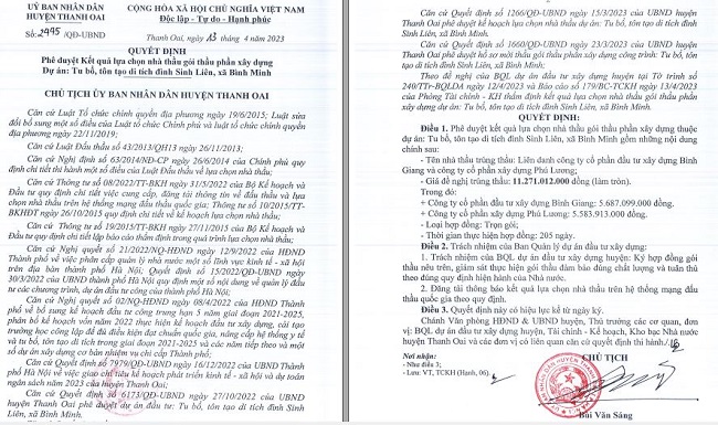 Ông Bùi Văn Sáng - Chủ tịch UBND huyện Thanh Oai ký quyết định phê duyệt cho Công ty Bình Giang liên danh chính thực hiện gói thầu trên địa bàn.