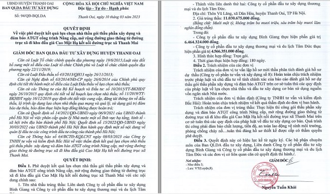 Quyết định phê duyệt cho Liên danh Công ty Cổ phần Đầu tư Xây dựng Bình Giang và Công ty CP đầu tư xây dựng – thương mại và du lịch Tâm Đức trúng gói thầu trên địa bàn huyện Thanh Oai.