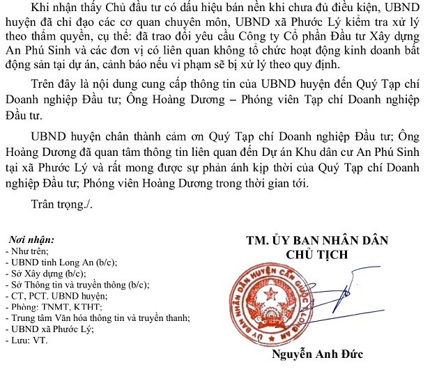 Một phần văn bản phản hồi TC Doanh nghiệp và Đầu tư của UBND huyện Cần Giuộc, tỉnh Long An.
