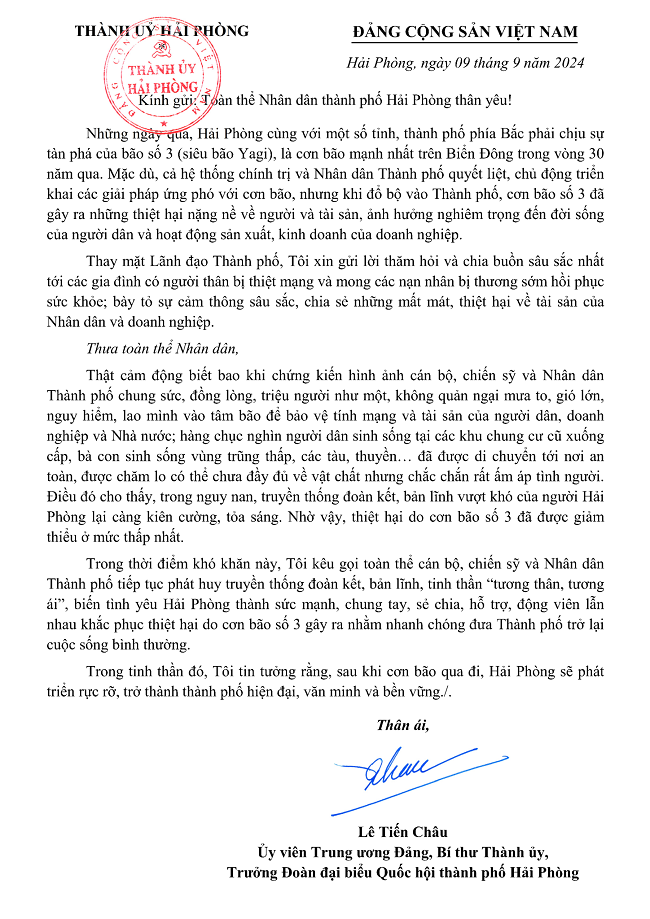 Thư của đồng chí Bí thư Thành ủy gửi Nhân dân thành phố sau bão số 3