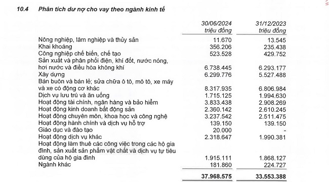 Phân tích dư nợ cho vay theo ngành kinh tế của EVNFinance tại BCTC bán niên soát xét năm 2024