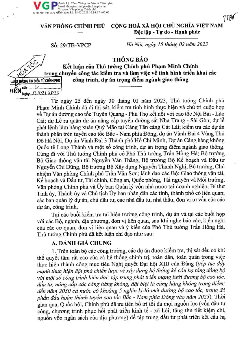 Một phần Thông báo Kết luận của Thủ tướng Chính phủ, Phạm Minh Chính