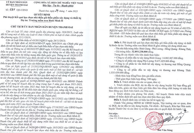 Liên danh Công ty Phú Lương – Công ty CP đầu tư XD Bình Giang- Công ty CP thiết kế XD và TM Hồng Quang – Công ty CPĐTXD và TM Khang Thái trúng thầu với giá 32.893.238.000 đồng