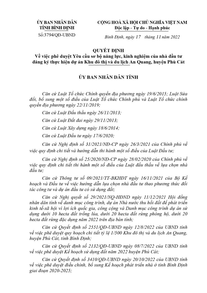 Một phần Quyết định của UBND tỉnh Bình Định