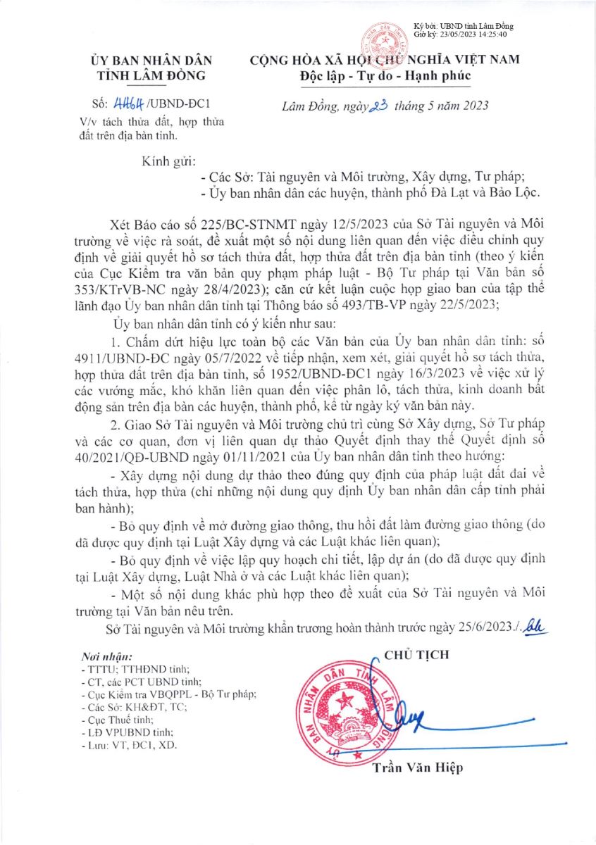 Văn bản số 4464/UBND-ĐC1 của UBND tỉnh Lâm Đồng ban hành