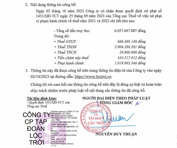 Công ty Cổ phần Tập đoàn Lộc Trời (UPCoM: LTG) nhận được quyết định của Tổng cục Thuế về việc xử phạt vi phạm hành chính về thuế năm 2021 và 2022 với tổng số tiền hơn 6 tỷ đồng.