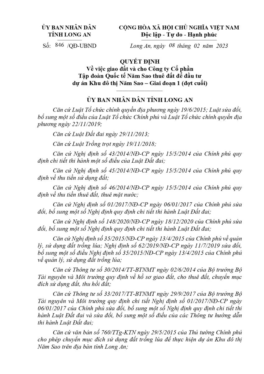 Một phần Quyết định giao đất của UBND tỉnh Long An
