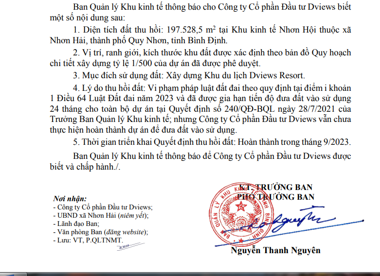 Quyết định thu hồi đất tại khu vực xây dựng Khu du lịch Dviews Resort.