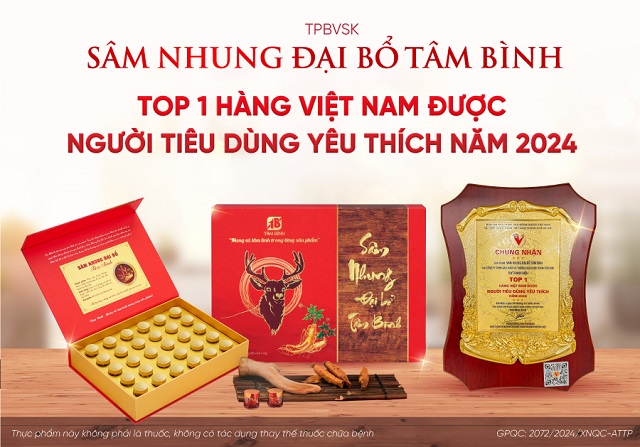Chứng nhận Top 1 “Hàng Việt Nam được người tiêu dùng yêu thích” năm 2024 dành cho Sâm Nhung Đại Bổ Tâm Bình