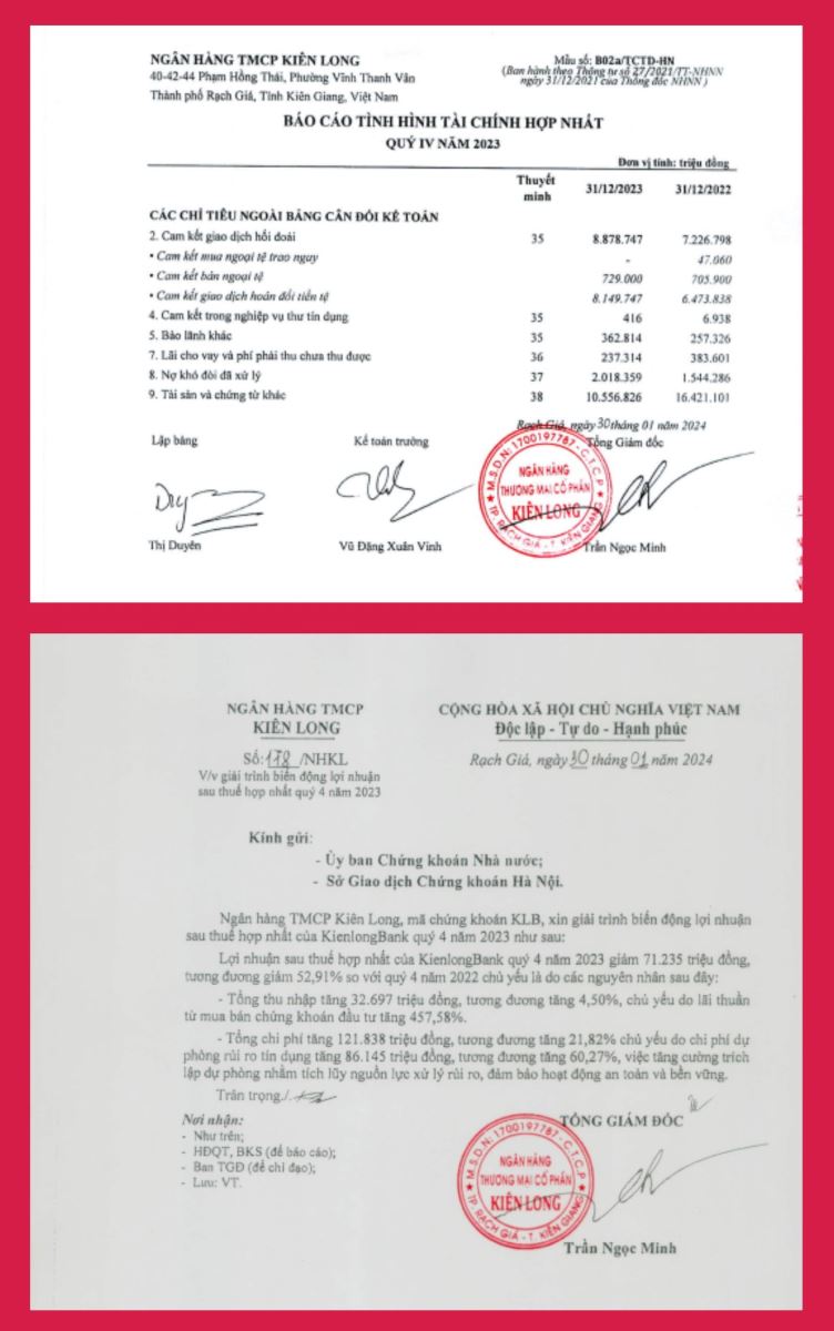 Công văn số 178/NHKL của ông Trần Ngọc Minh Tổng Giám đốc về việc giải trình biến động lợi nhuận sau thuế hợp nhất Quý 4 năm 2023 gửi Ủy ban Chứng khoán nhà nước và Sở Giao dịch chứng khoán Hà Nội. 