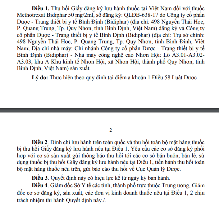 Quyết định thu hồi Giấy đăng ký lưu hành thuốc, đình chỉ lưu hành, thu hồi thuốc đối với thuốc Methotrexat Bidiphar 50 mg/2ml. (Ảnh: dav.gov.vn)