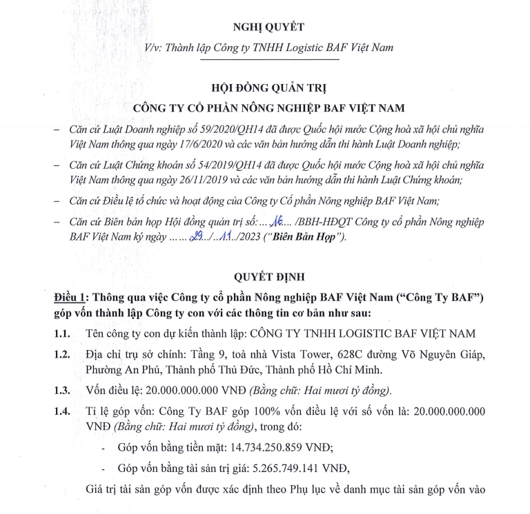 Nghị quyết về việc thành lập Công ty TNHH Logistic BAF Việt Nam
