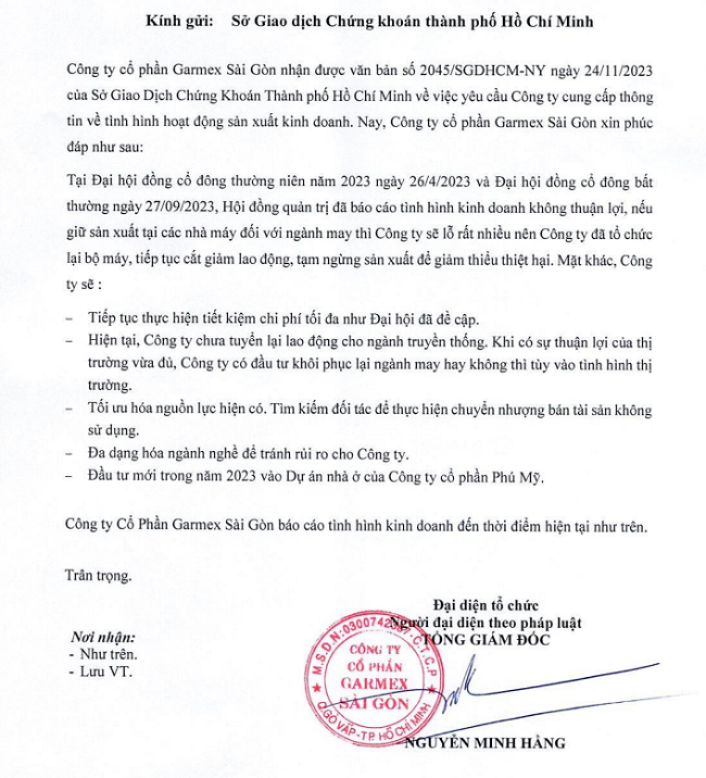 Công bố tình hình kinh doanh của Công ty CP Garmex Sài Gòn