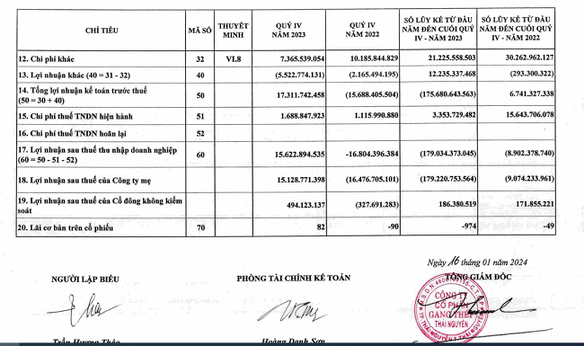 Trích báo cáo tài chính hợp nhất năm 2023 của Công ty CP Gang thép Thái Nguyên