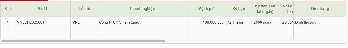 Lô trái phiếu của Công ty CP Vinam Land phát hành thành công vào ngày 23/6/2023. (Ảnh: HNX)