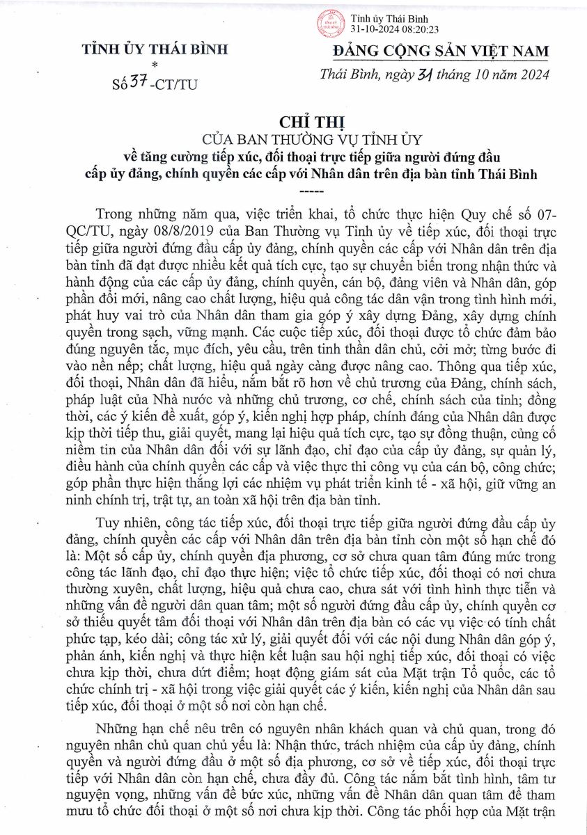 Chỉ thị số 37-CT/TU về việc tăng cường tiếp xúc, đối thoại trực tiếp giữa người đứng đầu cấp ủy đảng, chính quyền các cấp với Nhân dân trên địa bàn tỉnh Thái Bình
