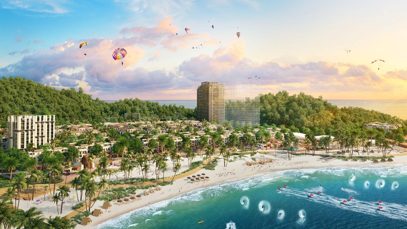Phối cảnh dự án Thành phố Vịnh trung tâm Xanh Island với bãi tắm trải dài gần 1km.