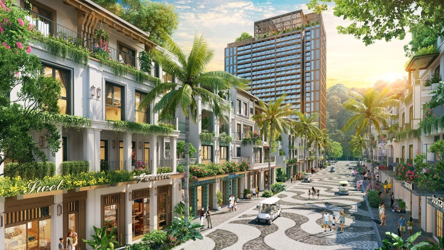Cảnh quan xanh và hài hòa giữa các sản phẩm Xanh Sky và Xanh Boutique tại Thành phố Vịnh trung tâm Xanh Island. Ảnh phối cảnh minh họa.