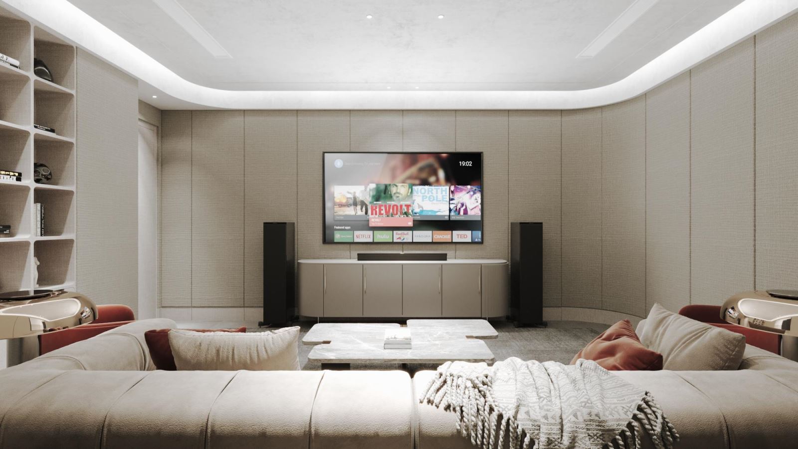 Phối cảnh phòng karaoke được bố trí trong hầm townhouse.