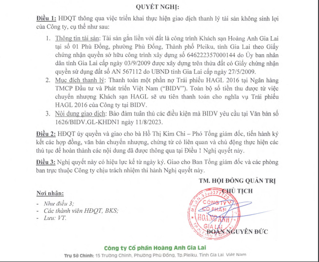 Hoàng Anh Gia Lai thông qua Nghị quyết thanh lý khách sạn Hoàng Anh Gia Lai tại thành phố Pleiku, tỉnh Gia Lai. (Ảnh: Hagl.com.vn)