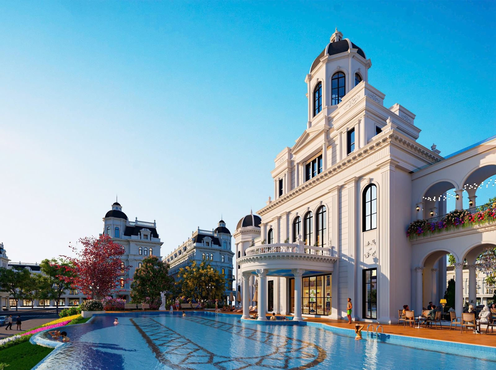 Mỗi cảnh quan, tiện ích tại Danko Center đều mang đến trải nghiệm sống trọn vẹn cho cư dân (Ảnh: Bể bơi Sunset Pool)