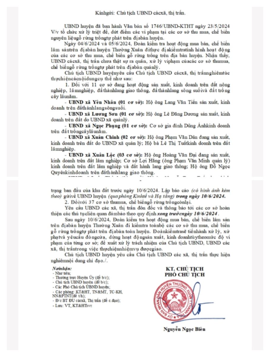 Văn bản chỉ đạo số 1916/UBND-KTHT V/v đôn đốc UBND các xã, thị trấn thực hiện nghiêm các chỉ đạo về việc xử lý dứt điểm vi phạm của các cơ sở thu mua, chế biến gỗ rừng trồng tự phát trên địa bàn huyện.