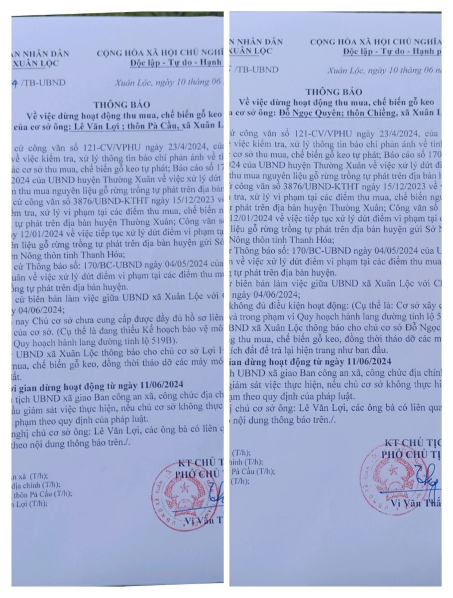 Văn bản yêu cầu dừng hoạt động của các cơ sở vi phạm tại xã Xuân Lộc