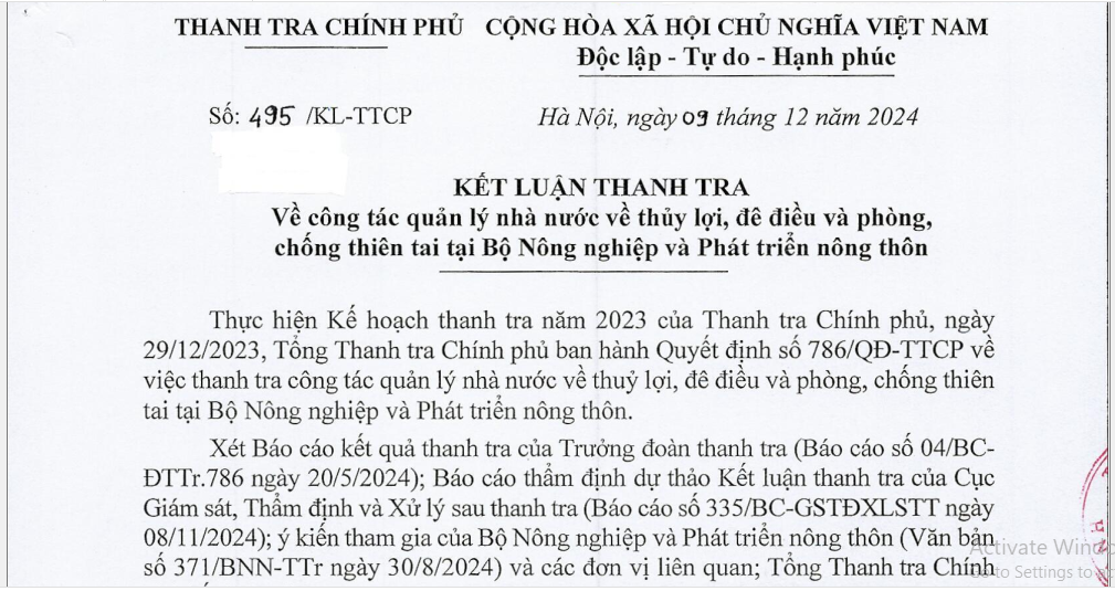 Kết luận thanh tra số 495/KL-TTCP ngày 09/12/2024/Ảnh chụp màn hình