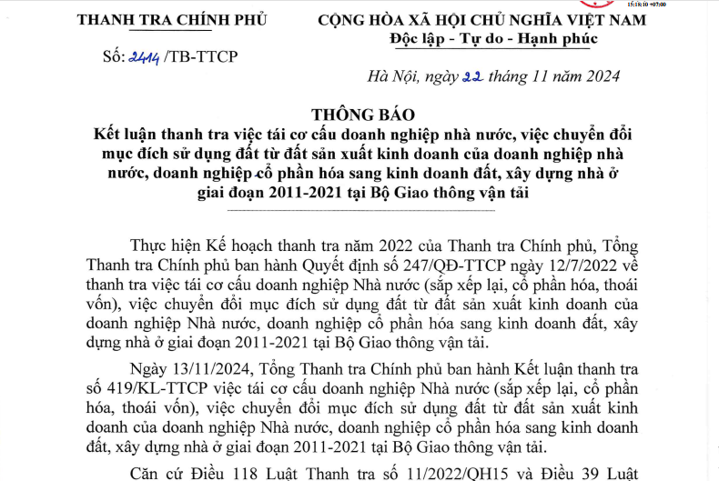 Thông báo Kết luận thanh tra số 2414/TB – TTCP về việc tái cơ cầu doanh nghiệp nhà nước, việc chuyển đổi mục đích sử dụng đất từ đất sản xuất kinh doanh của doanh nghiệp nhà nước, doanh nghiệp cổ phần hóa sang kinh doanh đất, xây dựng nhà ở giai đoạn 2011-2021 tại Bộ Giao thông vận tải/Ảnh chụp màn hình